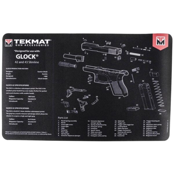 Tekmat Handgun Cleaning Mat for Glock 42/43 11"x17" Black - Precision Shot Firearms