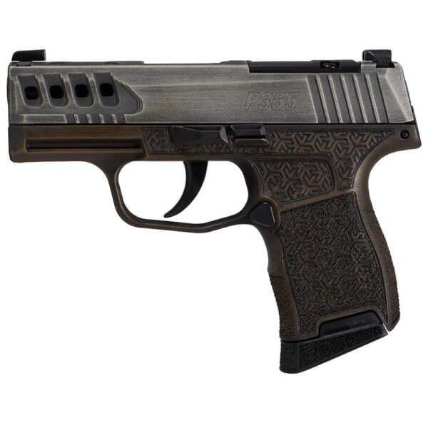 Sig Sauer P365 "Gold Bug" Handgun 9mm luger 10rd Magazines(2) 3.1" Black Barrel Tactical Cut Distressed Grey Slide/Brown Grip Octagon Stippling - Precision Shot Firearms