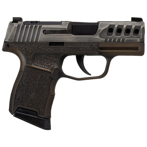 Sig Sauer P365 "Gold Bug" Handgun 9mm luger 10rd Magazines(2) 3.1" Black Barrel Tactical Cut Distressed Grey Slide/Brown Grip Octagon Stippling - Precision Shot Firearms
