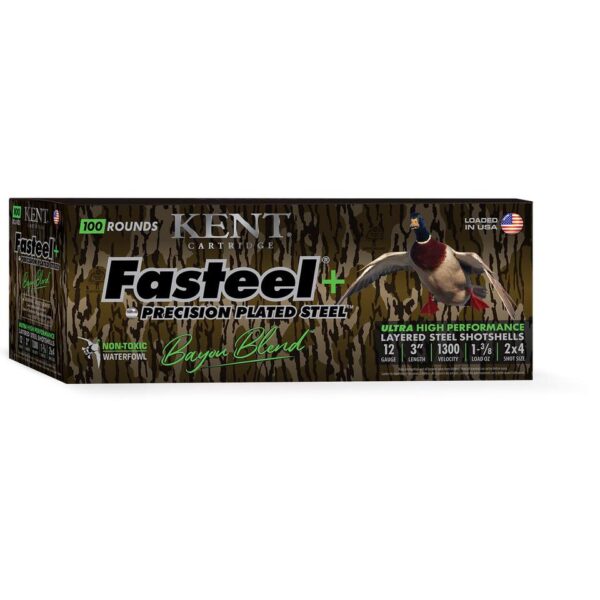 Kent Fasteel+ Precision Plated Steel Bayou Blend Shotshells 12ga 3" 1-3/8oz 1300 fps #2 & #4 100/ct - Precision Shot Firearms