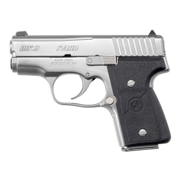 Kahr Arms MK9 Elite Handgun 9mm Luger 6rd (2) & 7rd (1) Magazines 3" Barrel Silver wil Black Checkered Grip CA Compliant - Precision Shot Firearms