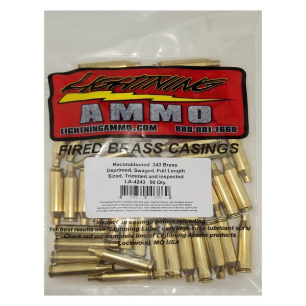 Lightning Ammo Reconditioned Ready to Load Brass Rifle Cartridge Cases .243 50 Qty Bag - Precision Shot Firearms