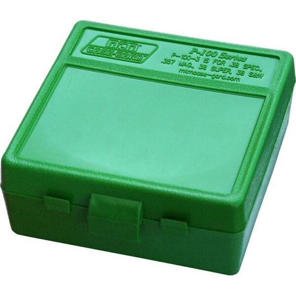 MTM P-100-3 Ammo Box 100 Rounds Flip-Top 38 - 357 Green - Precision Shot Firearms