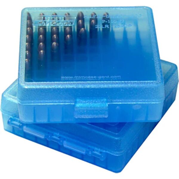 MTM Flip Top Ammo Box for 9mm Luger/.380 ACP 100rd Clear Blue - Precision Shot Firearms