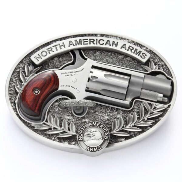 NAA 22LR Mini Revolver .22 LR 5rd Capacity 1.125" Barrel Silver with Wood Grips and Oval Enclosed Belt Buckle - Precision Shot Firearms