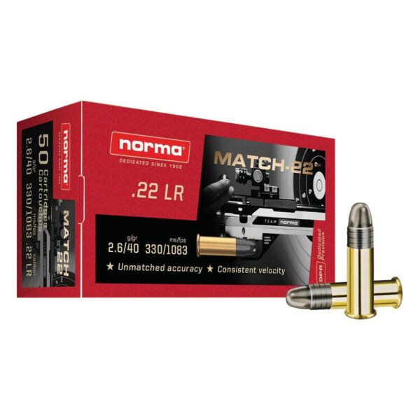 Norma Match-22 Rimfire Ammunition .22 LR 40gr LRN 1083 fps 50/ct - Precision Shot Firearms