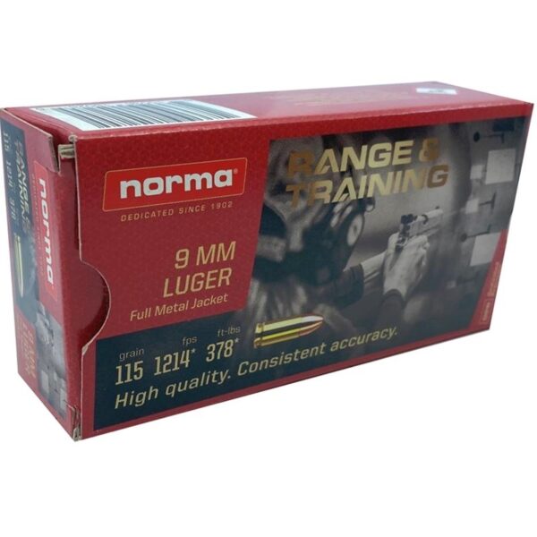Norma Range and Training Handgun Ammunition 9mm Luger 115gr FMJ 1214 fps 50/ct - Precision Shot Firearms