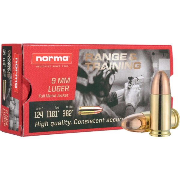 Norma Range and Training Handgun Ammunition 9mm Luger 124gr FMJ 1181 fps 50/ct - Precision Shot Firearms