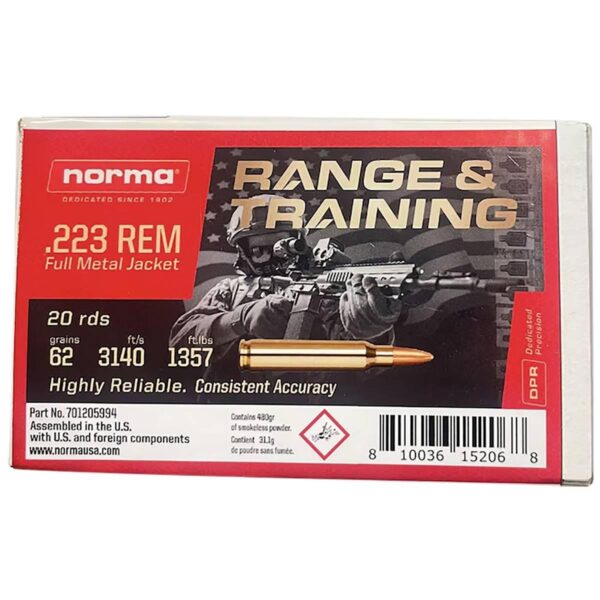 Norma Range & Training Rifle Ammunition .223 Rem 62gr FMJ 3140 fps 20/ct - Precision Shot Firearms