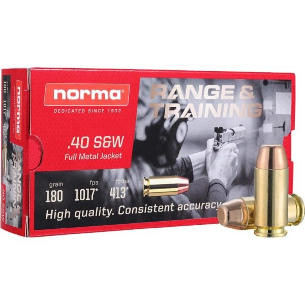 Norma Range and Training Handgun Ammunition .40 S&W FMJ 180gr 1017 fps 50/ct - Precision Shot Firearms