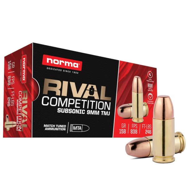 Norma Rival Competition Subsonic Ammunition 9mm Luger 158gr TMJ 838 fps 50/ct - Precision Shot Firearms