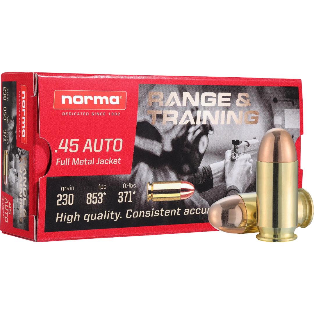 Norma Range and Training Handgun Ammunition .45 Auto 230gr FMJ 853 fps 50/ct - Precision Shot Firearms