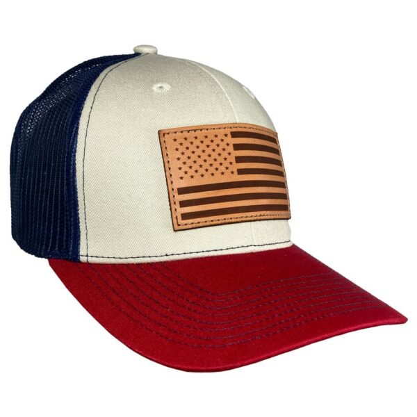 Outdoor Cap Stone/Navy/Cardinal Trucker w/ USA Flag Leather Patch - Precision Shot Firearms