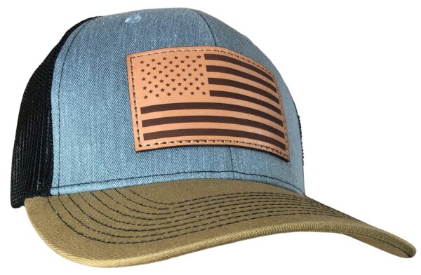 Outdoor Cap Heathered Grey/Blk/ Old Gold Trucker w/USA Flag Leather Patch - Precision Shot Firearms