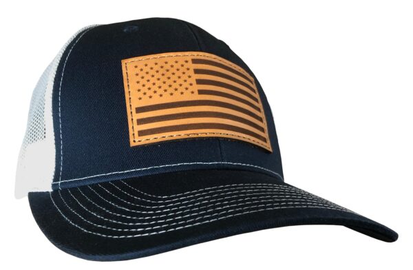 Outdoor Cap Navy/White Trucker w/USA Flag Leather Patch - Precision Shot Firearms