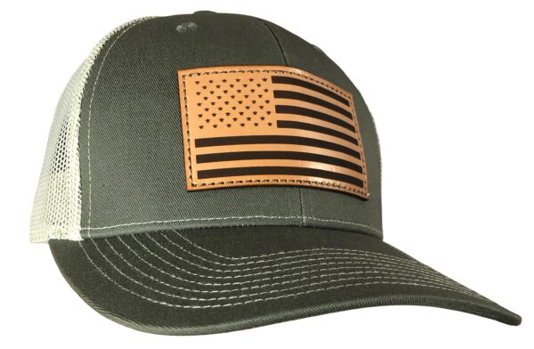 Outdoor Cap Olive/Khaki Trucker w/USA Flag Leather Patch - Precision Shot Firearms