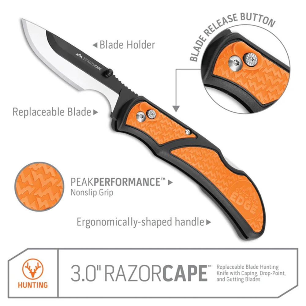 Outdoor Edge RazorCape Folding Knife 3" Drop Point Blades Orange - Precision Shot Firearms