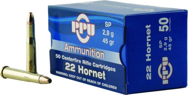 PPU Rifle Ammunition .22 Hornet 45 gr SP 2430 fps 50/ct - Precision Shot Firearms