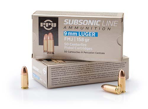 PPU Subsonic Handgun Ammunition 9mm Luger FMJ 158 gr 950 fps 50/ct - Precision Shot Firearms