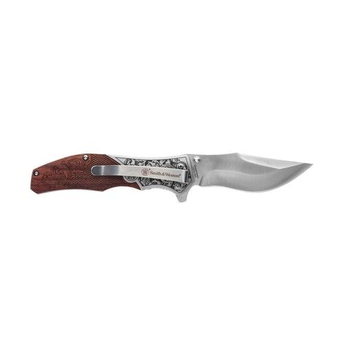Smith & Wesson Unwavered Folding Knife 3-1/4" Clip Point Blade Engraved Wood Blister - Precision Shot Firearms