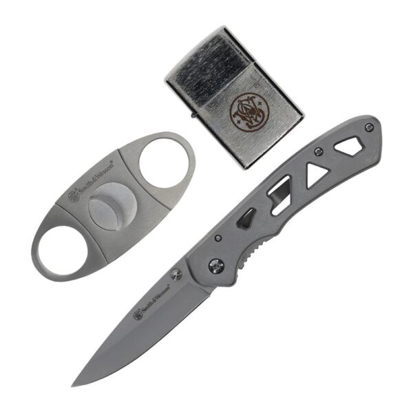Smith & Wesson Folding Knife Cigar Cutter and Lighter Combo 3" Drop Point Blade Silver - Precision Shot Firearms