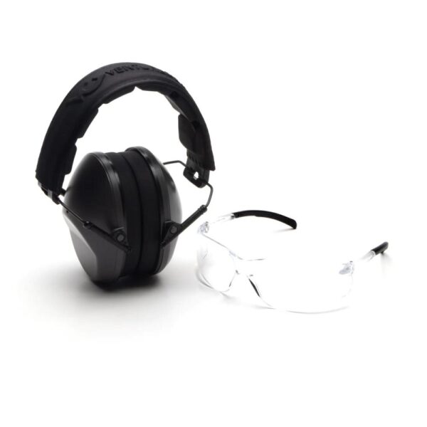 Pyramex Low Profile Combo Kit Passive Black Ear Muff 24dB Clear Shooting Glasses Clear with Clear Lens - Precision Shot Firearms