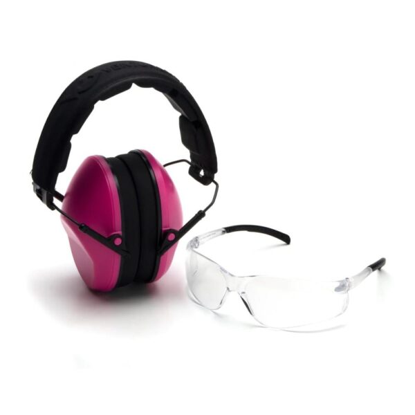 Pyramex Low Profile Combo Kit Passive Pink Ear Muff 24dB Clear Shooting Glasses Clear with Clear Lens - Precision Shot Firearms