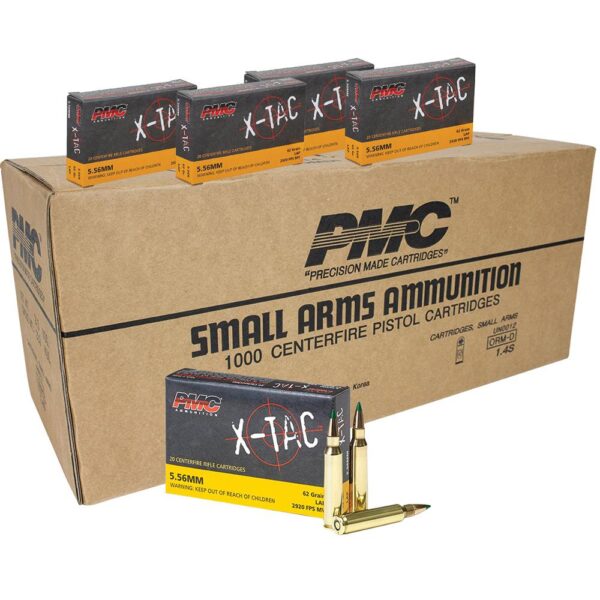 PMC X-Tac Green Tip Rifle Ammunition 5.56 NATO 62 gr FMJ 2920 fps 1000/ct Case (50-20/ct Boxes) - Precision Shot Firearms