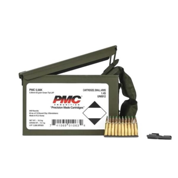 PMC Rifle Ammunition 5.56 NATO 62 gr Green Tip 2920 fps 1680/ct w/Bandoleer Metal Box (2-Metal Boxes) 1680/ct Total - Precision Shot Firearms