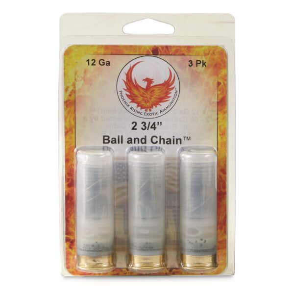 Phoenix Rising Ball & Chain Shotshells 2- 60 Cal Balls Connected with 6'' Cable 12ga 2-3/4" 1200 fps 3/ct - Precision Shot Firearms