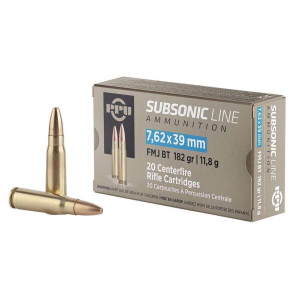 PPU Subsonic Rifle Ammunition 7.62x39mm 182gr FMJ 1033 fps 20/ct - Precision Shot Firearms