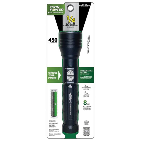 Police Security Flashlight Twin Power Long Throw LED Flashlight 450 Lumens Black - Precision Shot Firearms