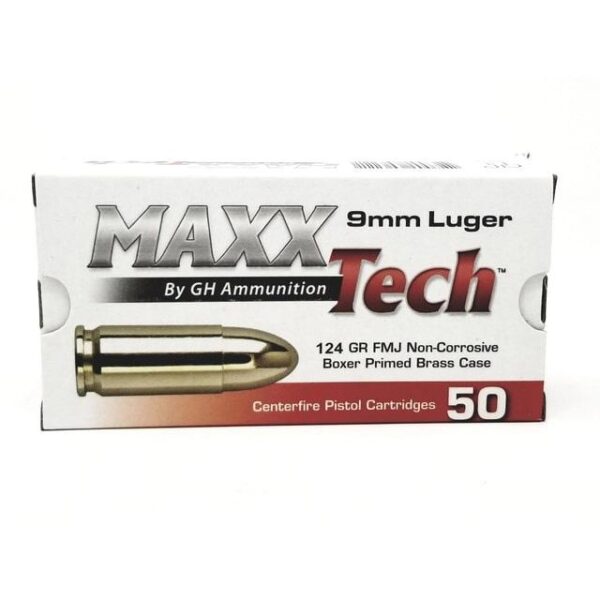 MAXXTech Handgun Ammunition 9mm Luger 124gr FMJ 1126 fps 50/ct - Precision Shot Firearms