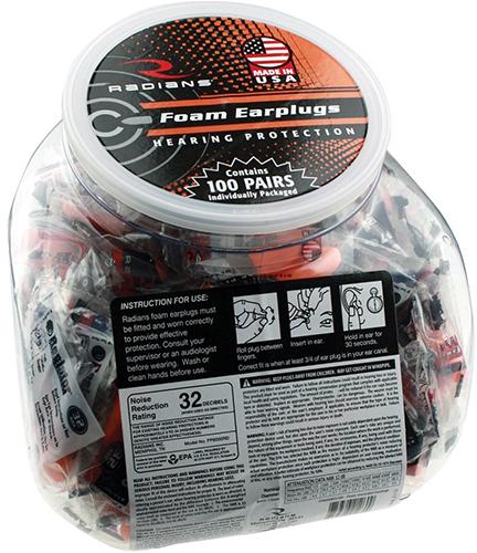 Radians 100 pairs of Uncorded Foam Earplugs in Poly Bags in a Jar - Precision Shot Firearms