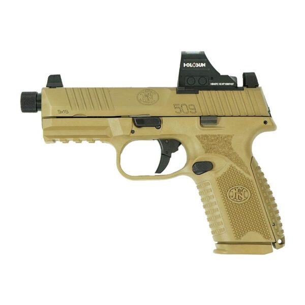 FN 509 Tactical Handgun 9mm Luger 15rd (1) & 24rd (1) Magazines 4.5" Barrel FDE with Holosun Red Dot - Precision Shot Firearms