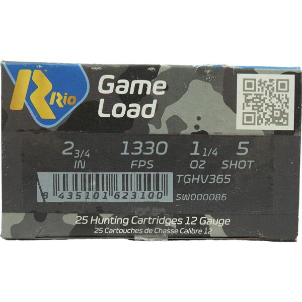 Rio Top Game HV Shotshells 12 ga 2 3/4" 3 3/4 dr 1 1/4 oz #5 1330 fps 25/ct - Precision Shot Firearms
