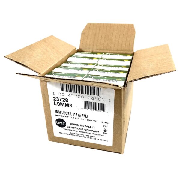 Remington UMC Handgun Ammunition 9mm Luger 115 gr FMJ 1145 fps 1000/ct Case (20-50/ct Boxes) - Precision Shot Firearms
