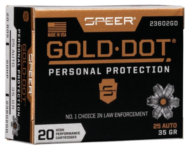 Speer Gold Dot Handgun Ammunition 25 ACP 35 gr HP 900 fps 20/ct - Precision Shot Firearms