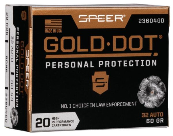 Speer Gold Dot Handgun Ammunition 32 ACP 60 gr HP 960 fps 20/ct - Precision Shot Firearms