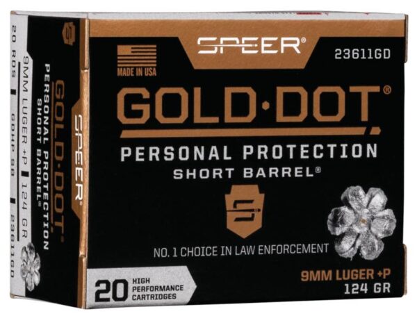 Speer Gold Dot Short Barrel Handgun Ammunition 9mm Luger (+P) 124 gr HP 1150 fps 20/ct - Precision Shot Firearms