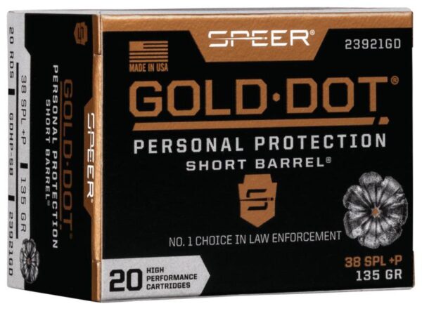 Speer Gold Dot Short Barrel Handgun Ammunition .38 Spl (+P) 135 gr HP 860 fps 20/ct - Precision Shot Firearms