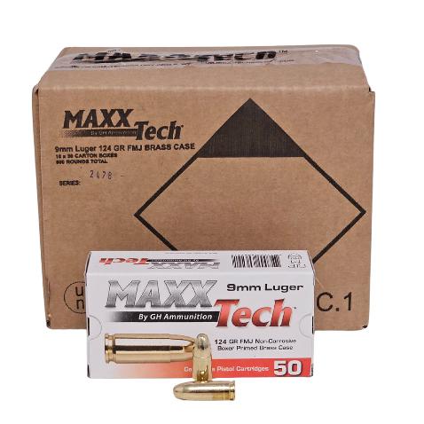 MAXXTech Handgun Ammunition 9mm Luger 124gr FMJ 1126 fps 1000/ct (20-50/ct Boxes) - Precision Shot Firearms