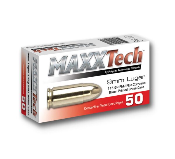 Maxxtech Brass Casefire Handgun Ammunition 9mm Luger 115 gr FMJ 50/ct - Precision Shot Firearms