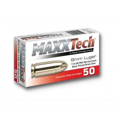 MaxxTech Handgun Ammunition 9mm Luger 115 gr FMJ 1150 fps 500/ct (10 Boxes 50/ct) - Precision Shot Firearms