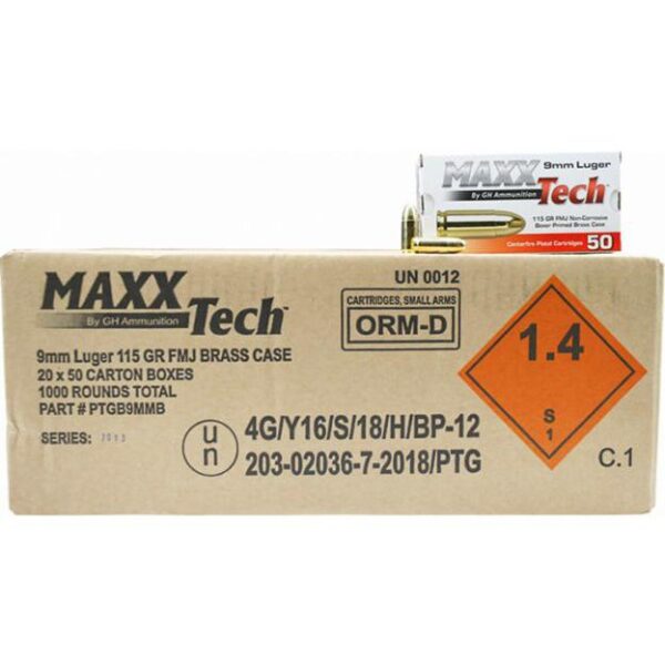 MaxxTech Handgun Ammunition 9mm Luger 115 gr FMJ 1150 fps 1000/ct (20 Boxes 50/ct) - Precision Shot Firearms