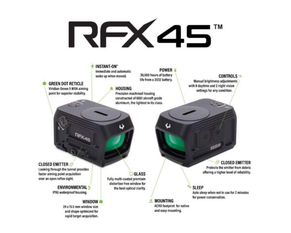 Viridian RFX45 Closed Emitter Green Dot Reflex Sight - ACRO Compatible INSTANT-On / Glock MOS Adapter - Precision Shot Firearms