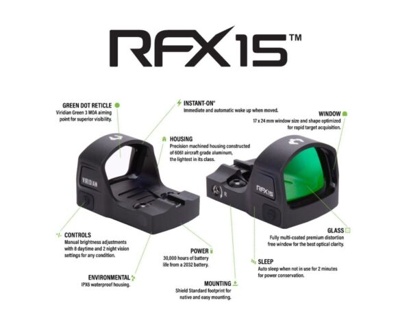 Viridian RFX15 1x17 Micro Green Dot Reflex Sight - SHIELD Mounting pattern INSTANT-ON - Precision Shot Firearms