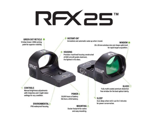Viridian RFX25 1x20 Micro Green Dot Reflex Sight - DOCTER Mounting pattern INSTANT-ON - Precision Shot Firearms