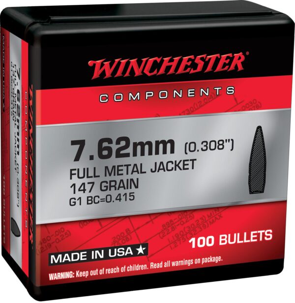 Winchester FMJBT Bullets 7.62mm .308" 147gr 100/ct - Precision Shot Firearms