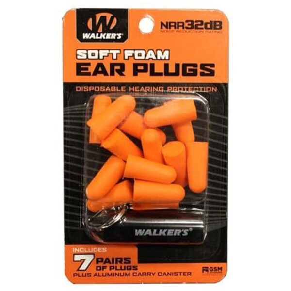 Walker's Foam Ear Plugs 32dB with Aluminum Carry Canister Orange 7 pairs - Precision Shot Firearms